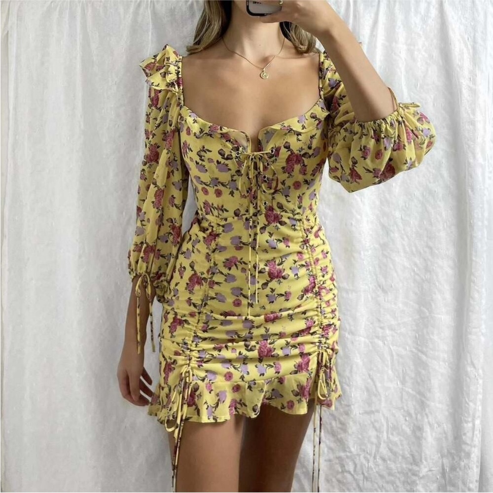 Cottagecore Milkmaid Ruched Floral Yellow Mini Dress